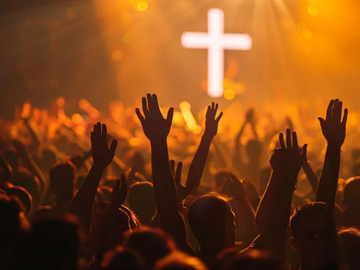 a crowd of people raising their hands in front of a cross