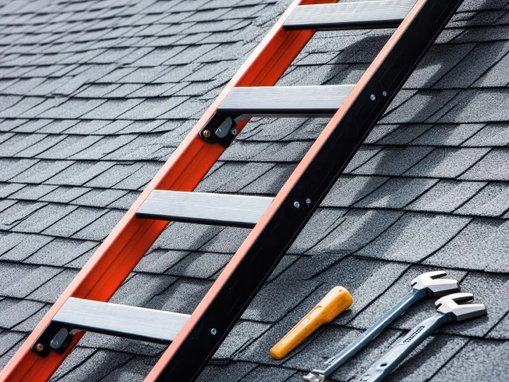 Ladder positioned on a sloped roof with a set of essential t