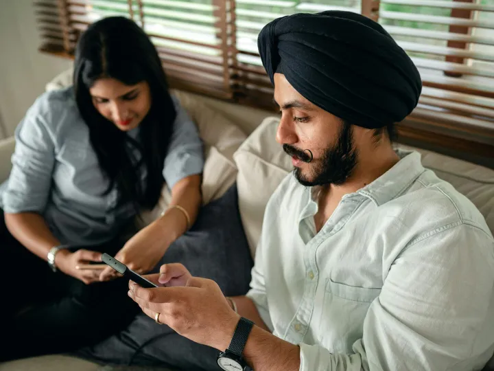 From above of young Sikh man in casual clothes