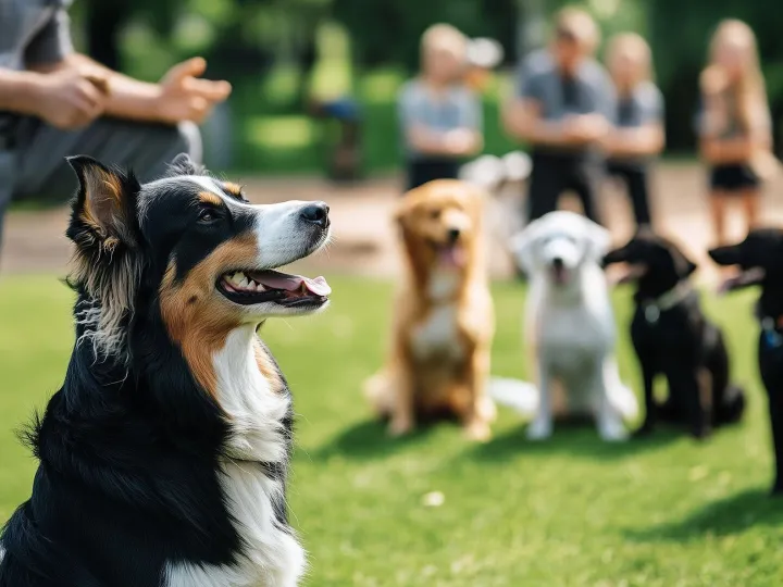 Professional dog trainer teaching obedience commands to a gr