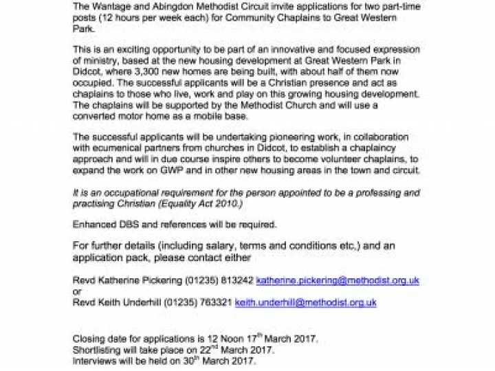 Advert &ndash; COMMUNITY CHAPLAINS TO GREAT WESTERN PARK