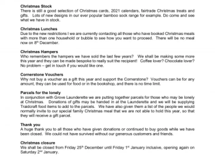 Cornerstone Friends Newsletter December 2020