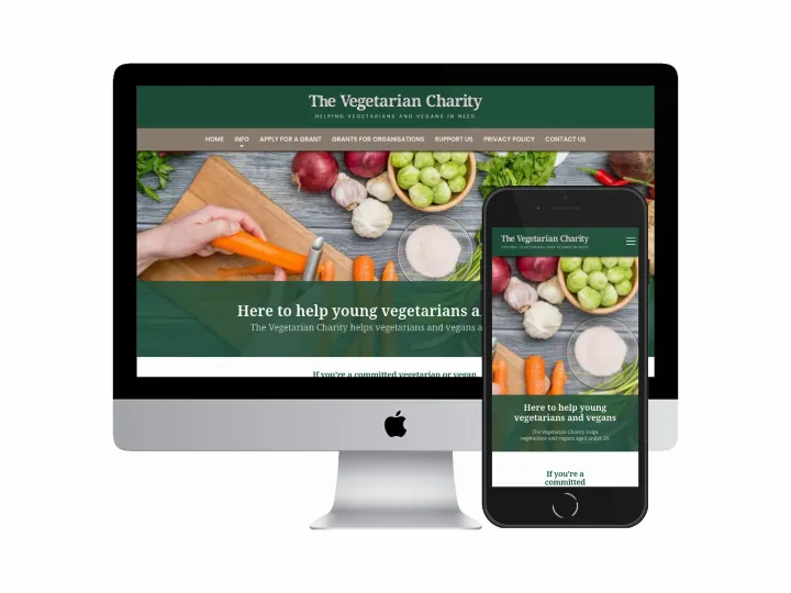 Desktop and mobile screenshots of the The Vegetarian Charity website
