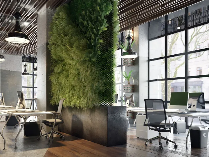 Restaurant or café interior with greenery wall