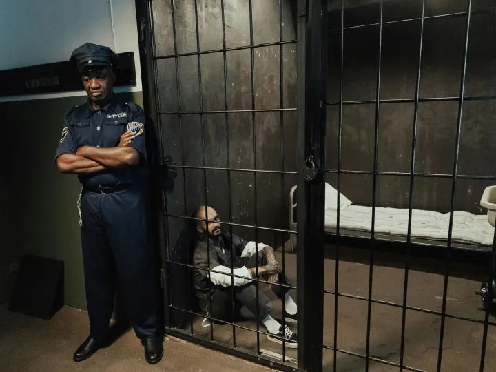 A police officer stands guard by a prison cell wit